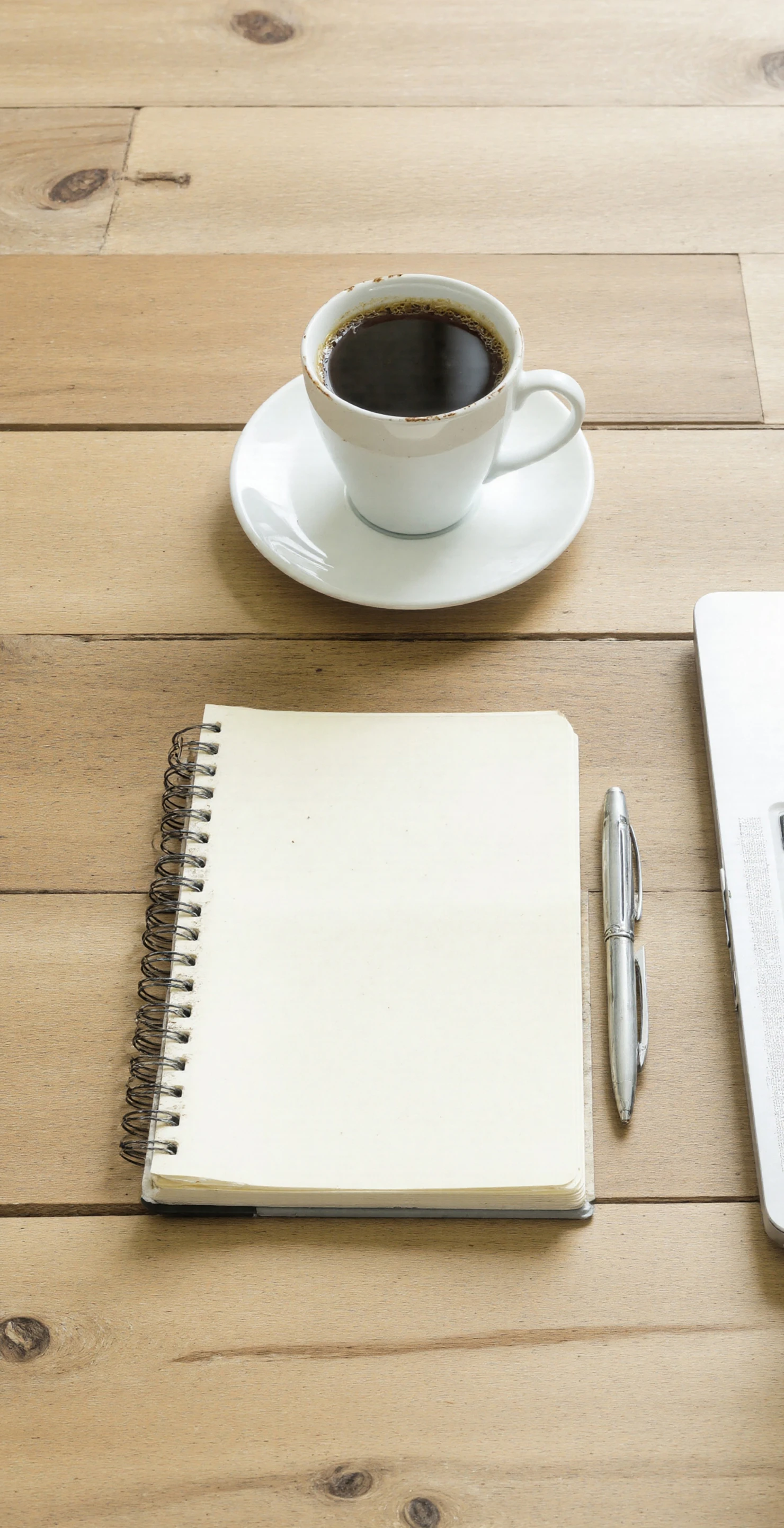 Morning Coffee and Notebook on a Rustic Wooden Desk #41153