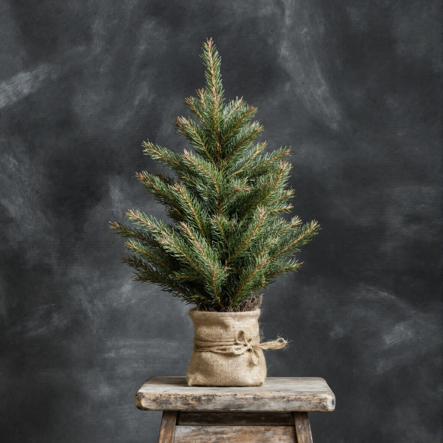 Miniature Christmas Tree in Burlap Pot on Rustic Stool #41168