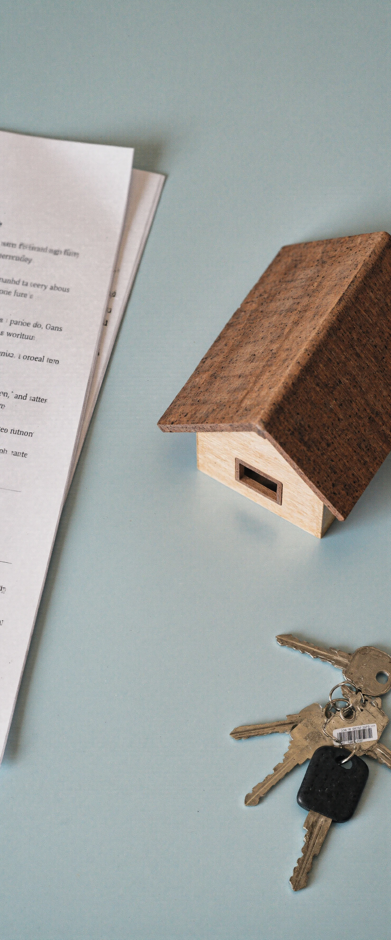 Real Estate Concept House Model, Keys, and Documents on Blue Background #41187