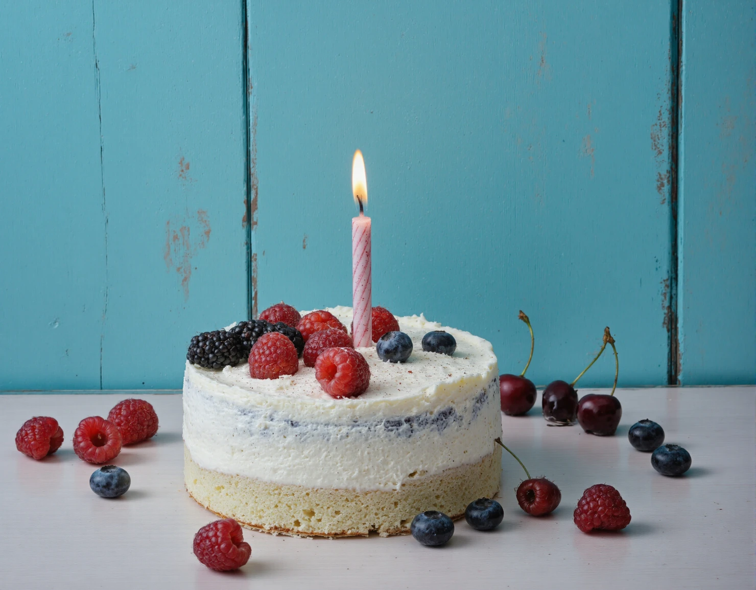 Birthday Cake with Berries and Lit Candle #41198