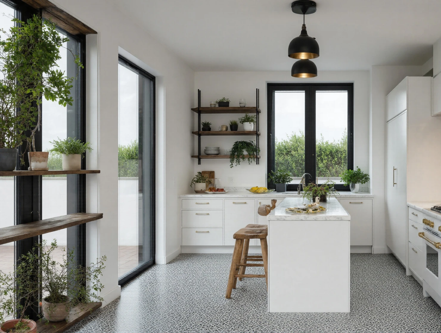 Bright and Airy Modern Kitchen with Botanical Accents and Large Windows #41205