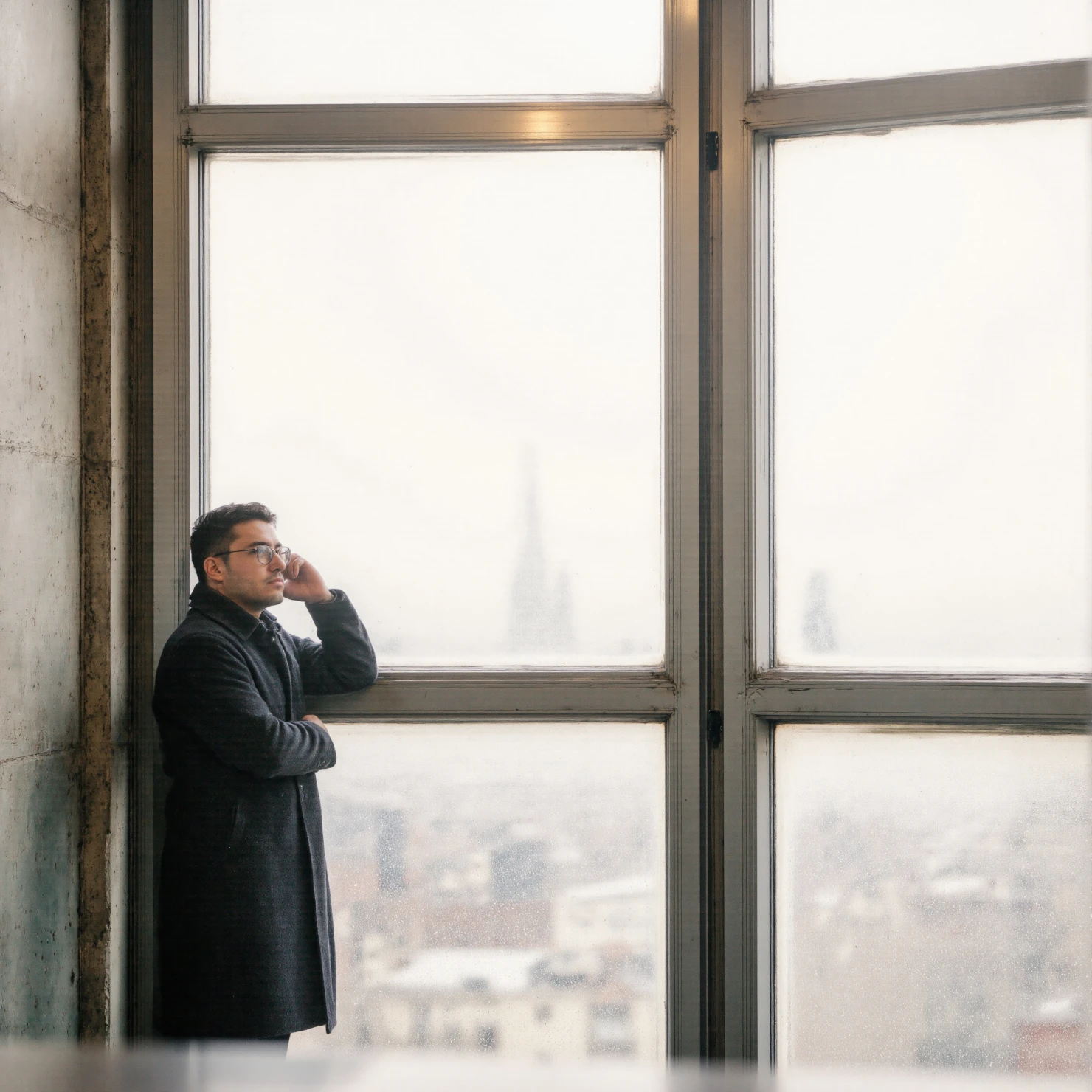 Thoughtful man on a phone call by a large window with city view #41207