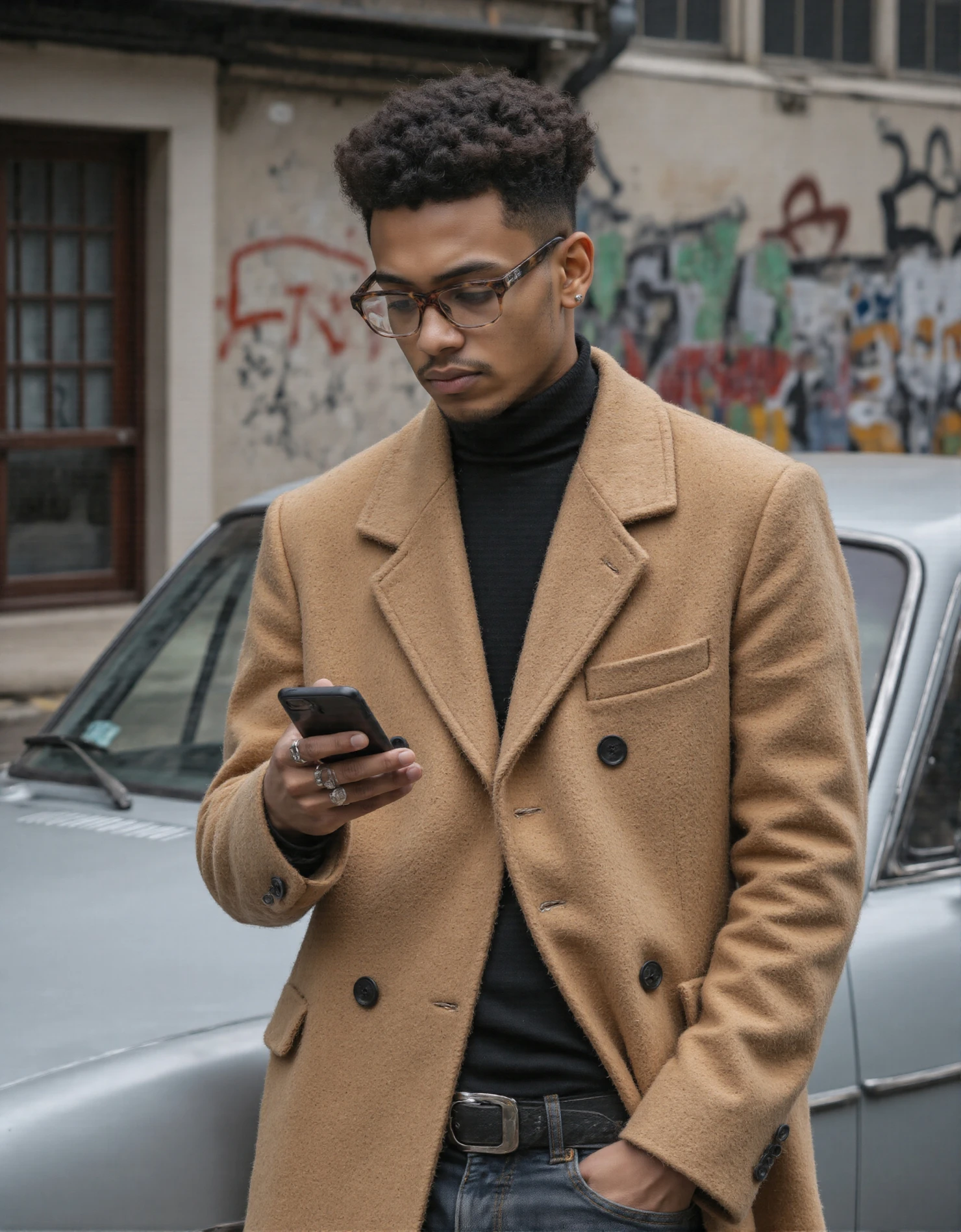 Stylish young man in a camel coat and glasses checking his phone in an urban setting #41208