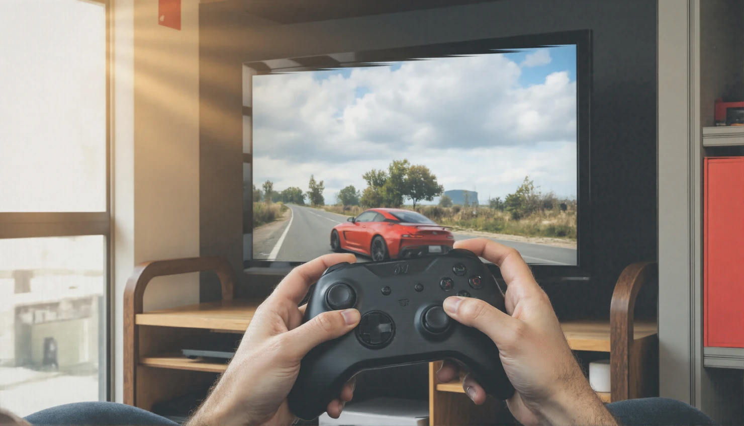First-person view of hands playing a racing video game on a large TV screen #41211