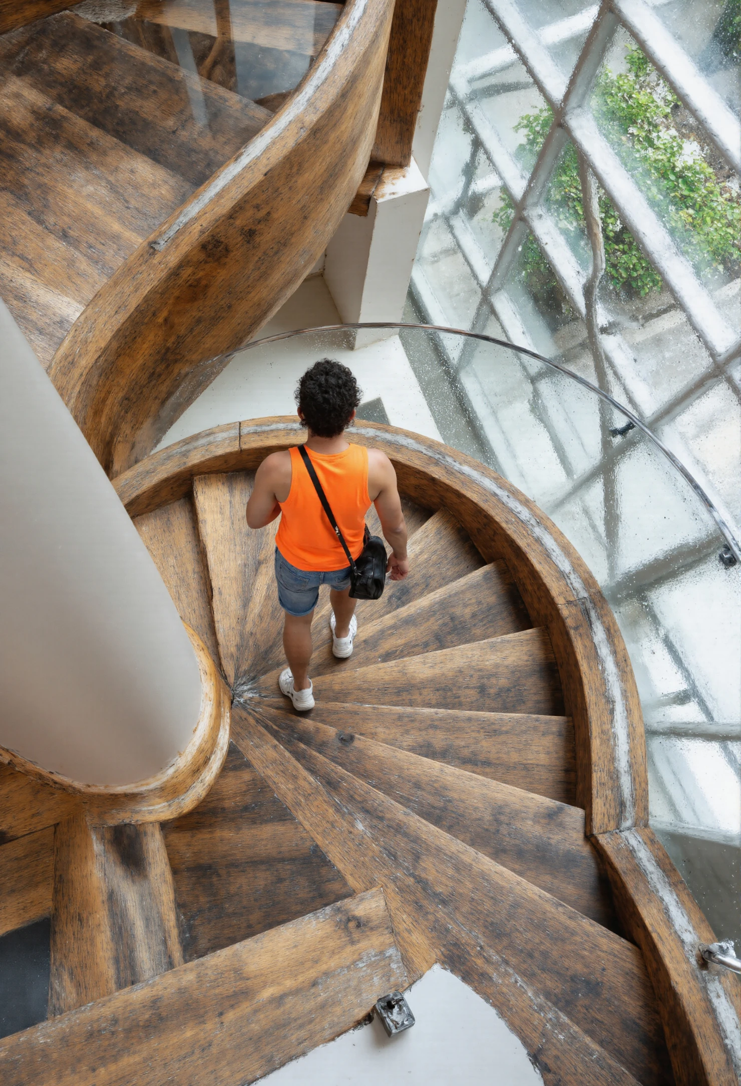 Man Descending a Grand Wooden Spiral Staircase #41225