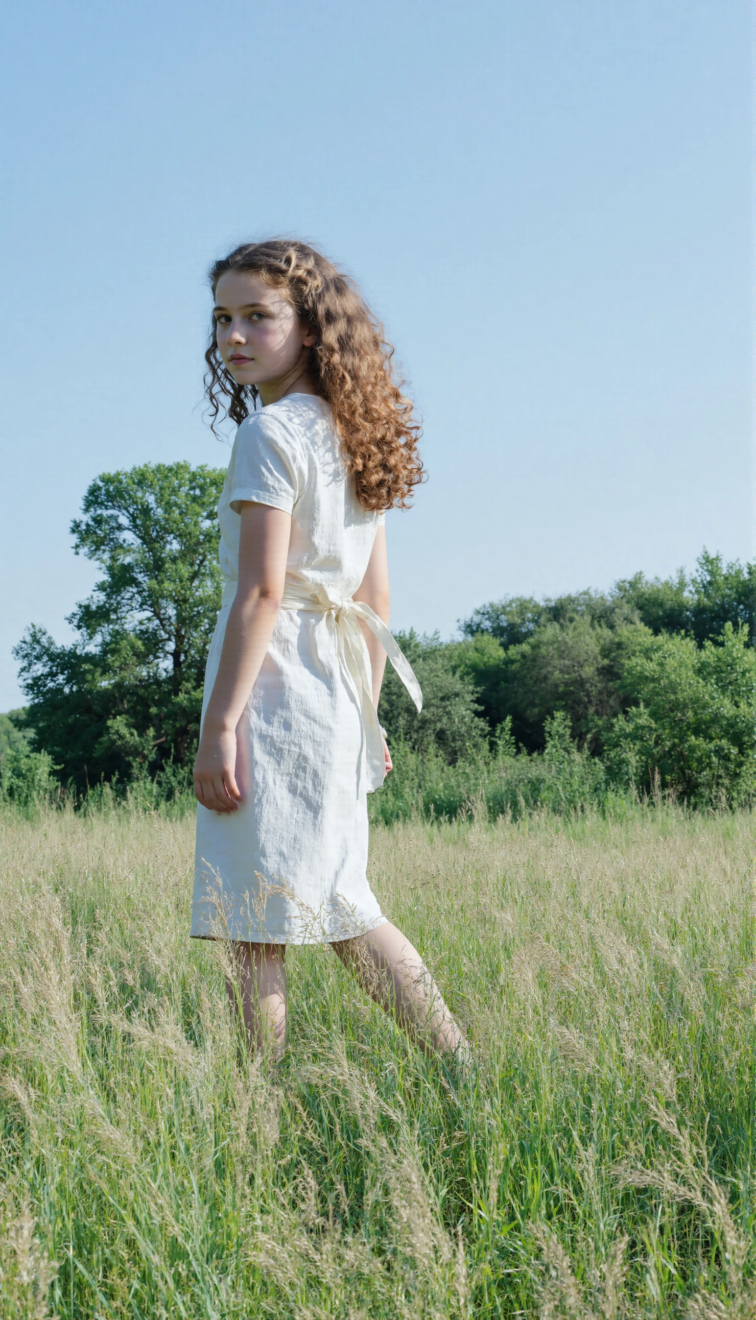 Young girl with curly hair in a sunlit field of tall grass #41235