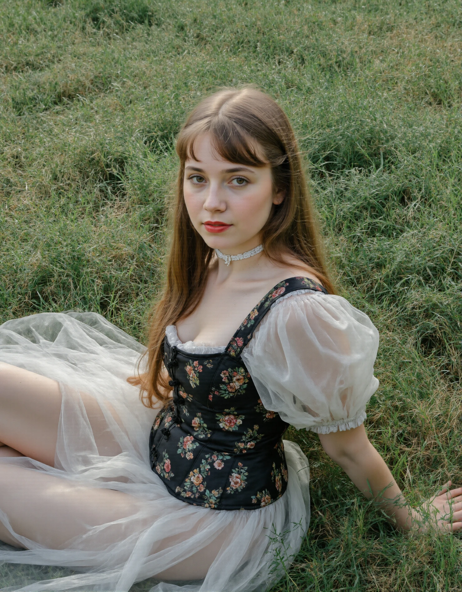 Romantic Portrait of a Young Woman in Floral Top on Green Grass #41236