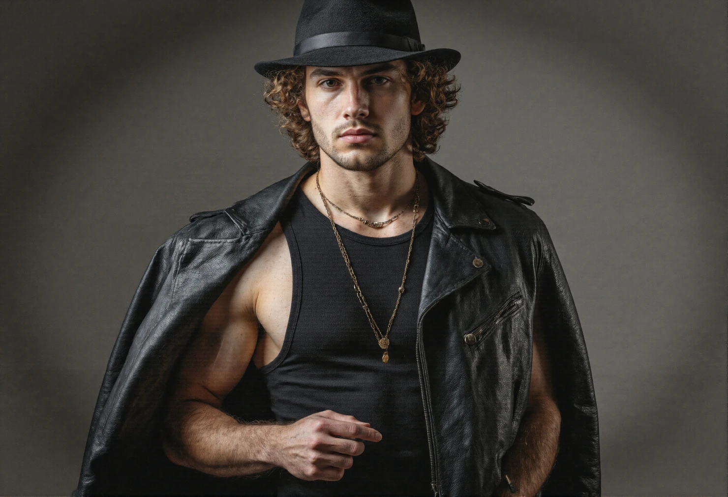 Stylish Man in Black Leather Jacket and Fedora #41238