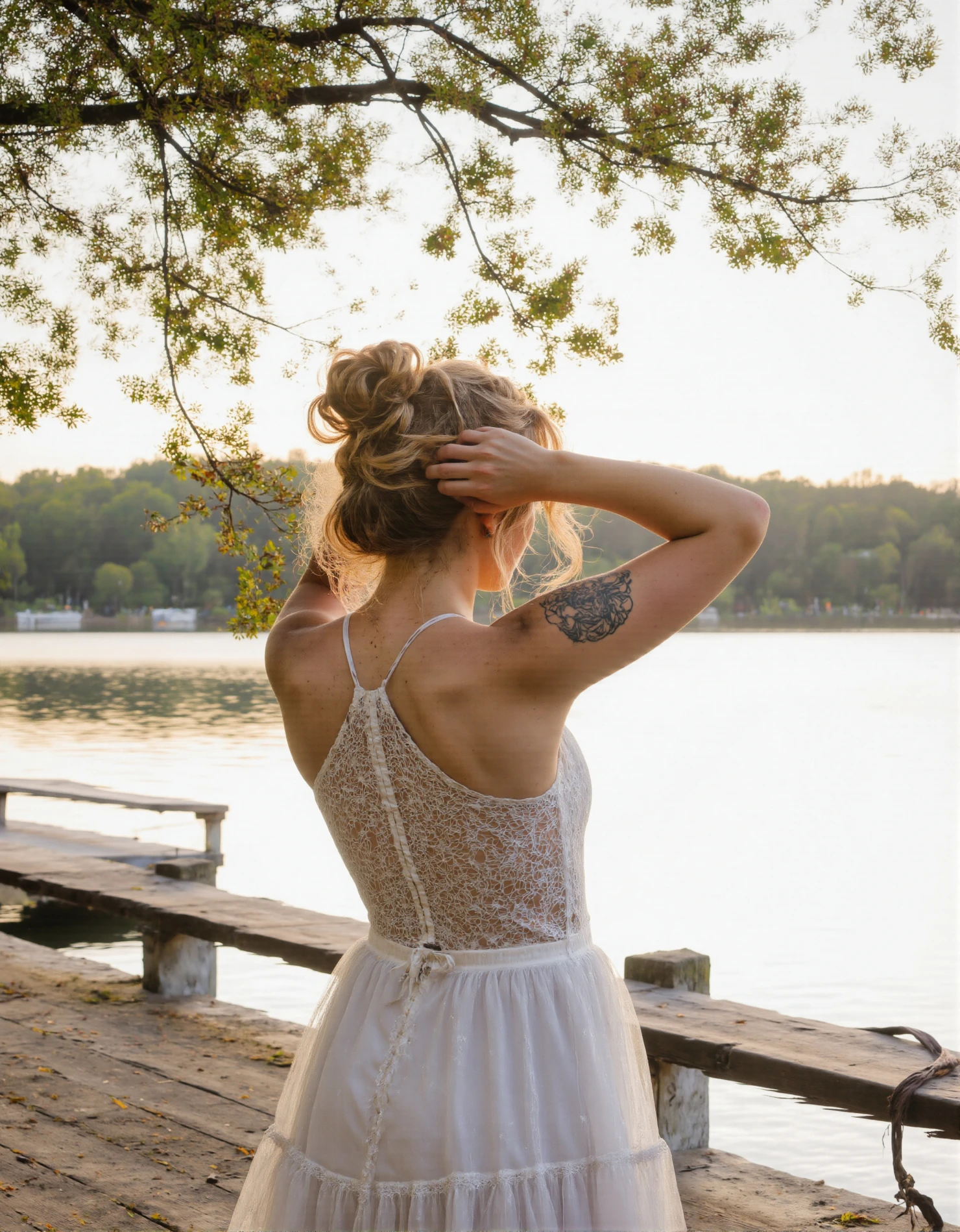Serene Woman in White Dress by Lake at Golden Hour #41241