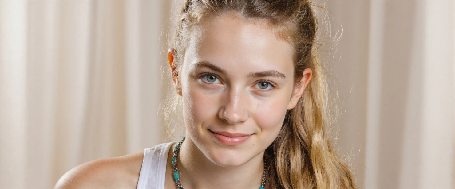Portrait of a Smiling Young Woman with Blonde Hair and Turquoise Necklace #41248