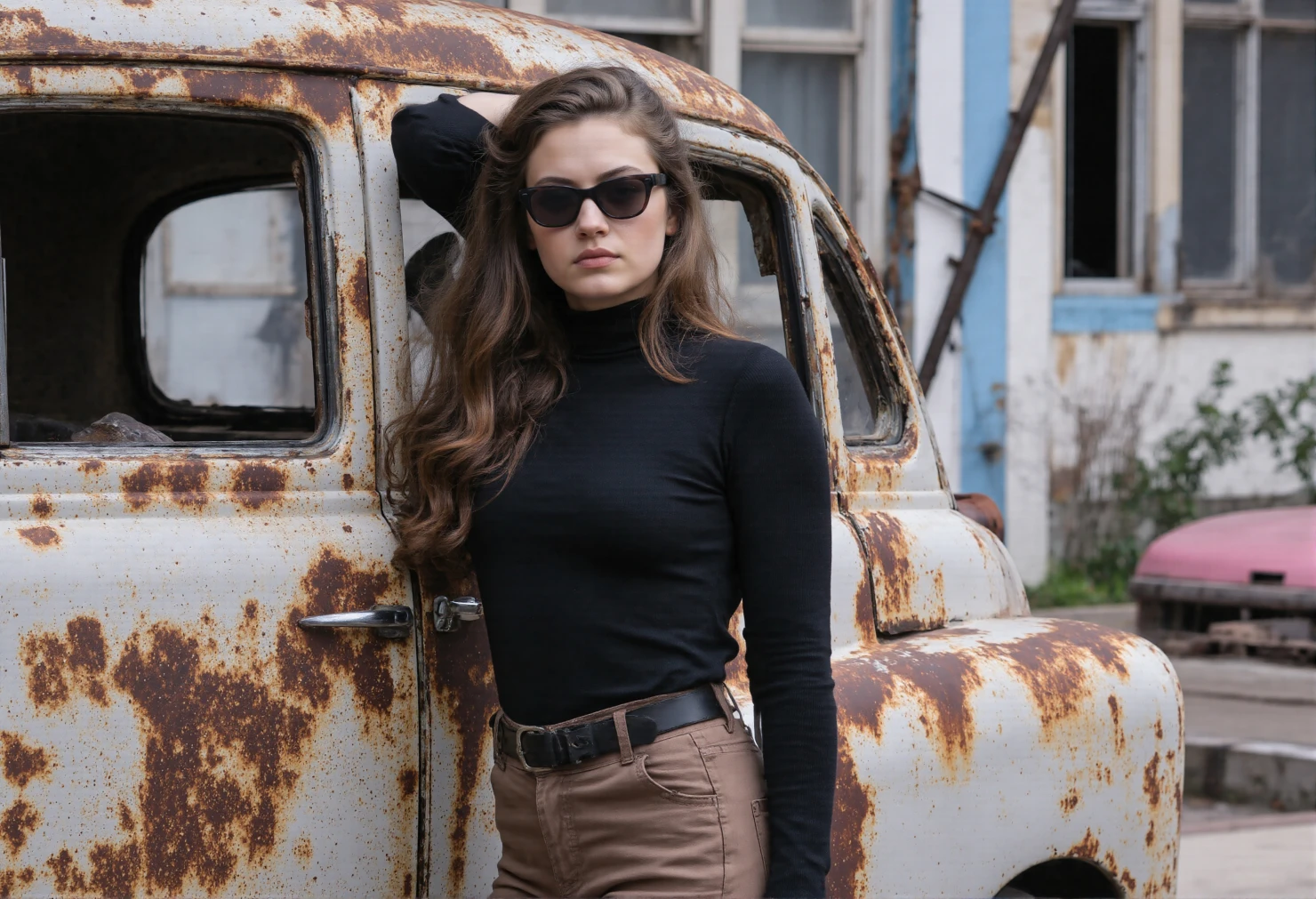 Stylish Woman Leaning on Rusty Vintage Car #41250