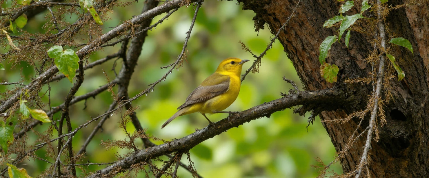 Vibrant Yellow Warbler Perched on a Woodland Branch #41252