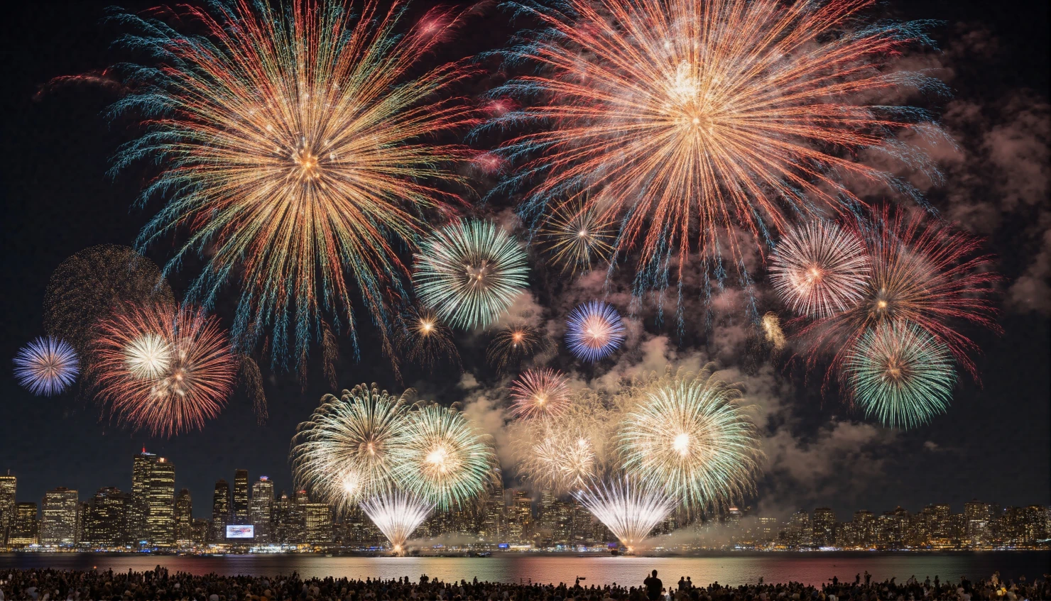 Spectacular Fireworks Display Over City Skyline at Night #41254