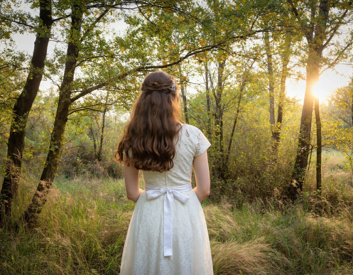 Woman in White Dress in Golden Forest #41257