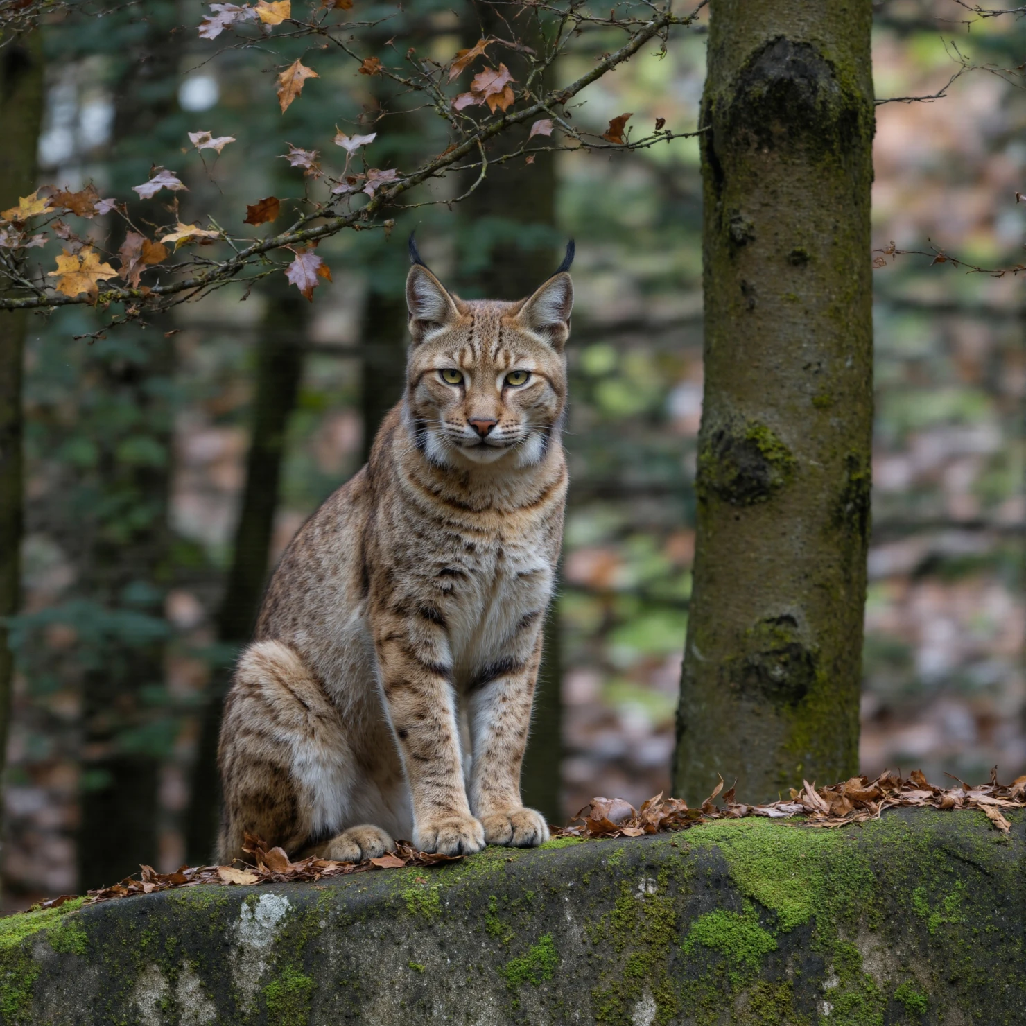 Eurasian Lynx Sitting on a Mossy Ledge in an Autumn Forest #41260