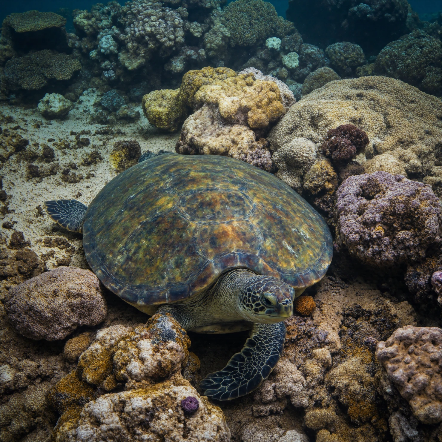 Green Sea Turtle Resting on a Vibrant Coral Reef #41267