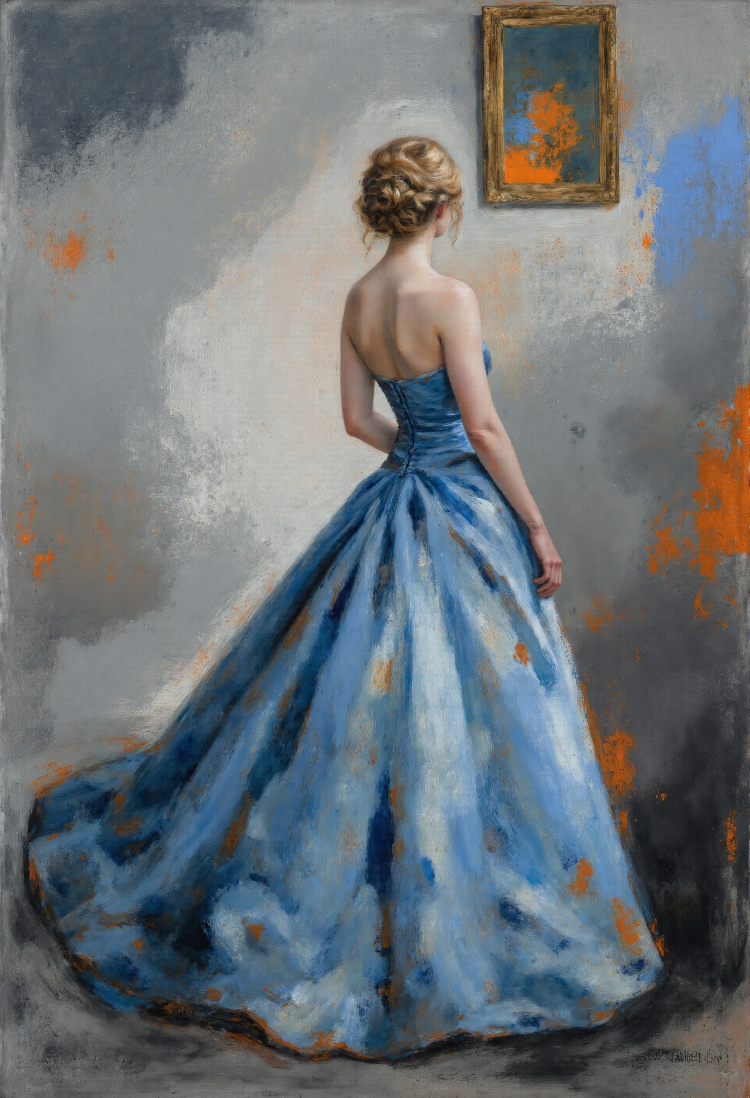 Graceful Gaze Woman in a Blue Strapless Dress with Autumnal Accents #41309