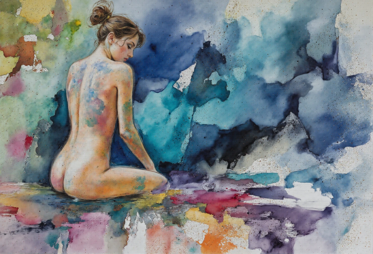 Vibrant Watercolor Figure Amidst Abstract Splashes #41319