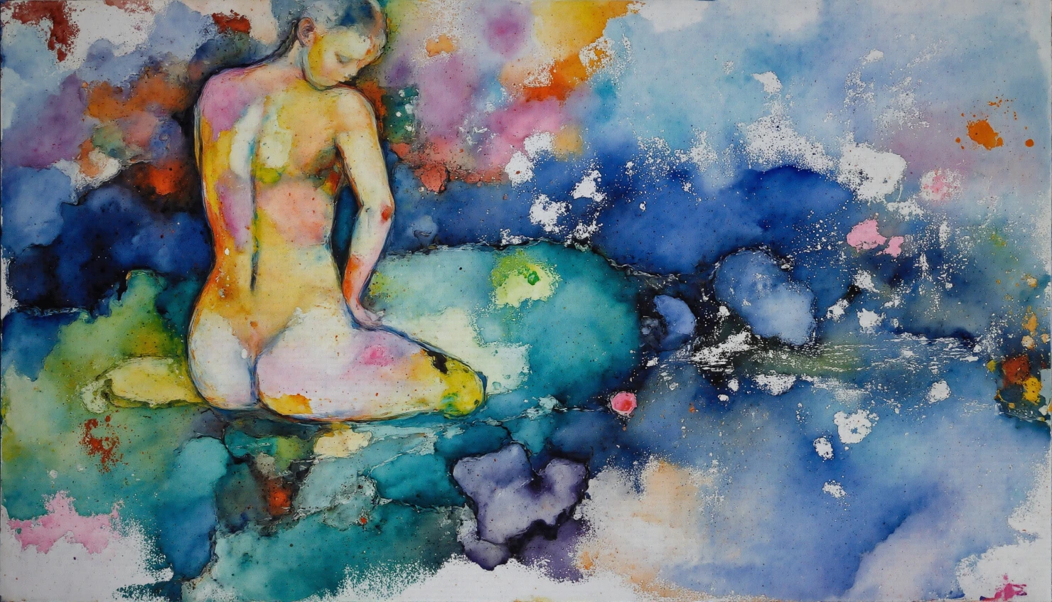 Vibrant Watercolor Figure Amidst Abstract Splashes #41320