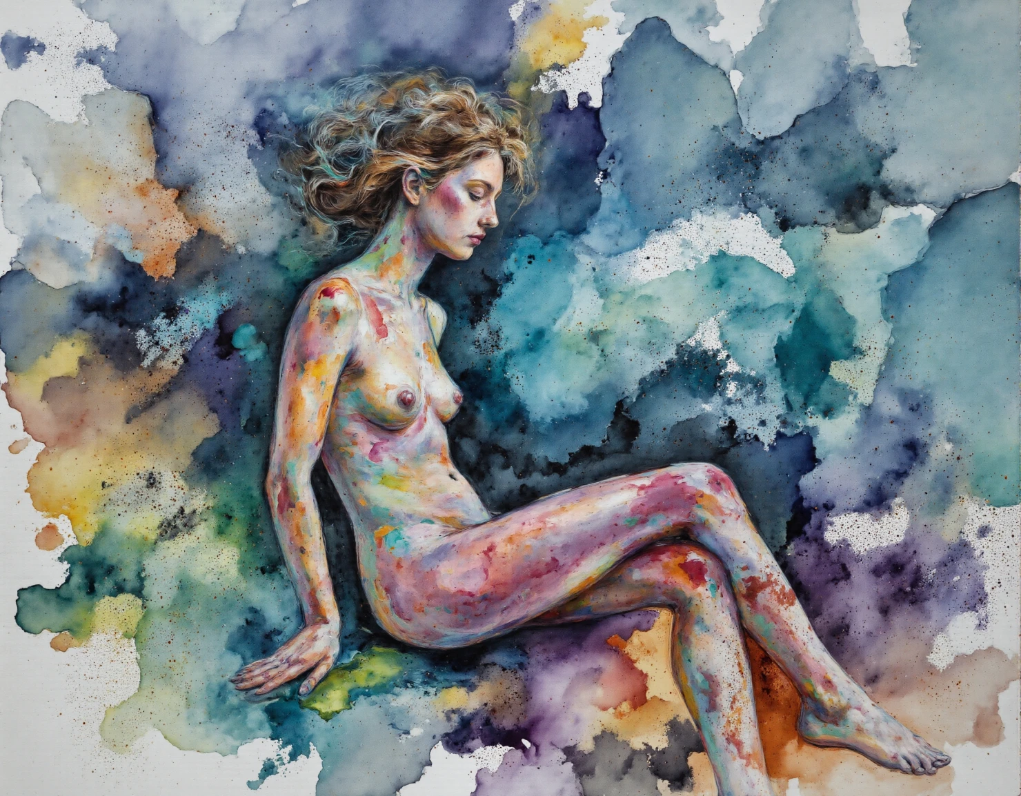 Vibrant Watercolor Figure Amidst Abstract Splashes #41321