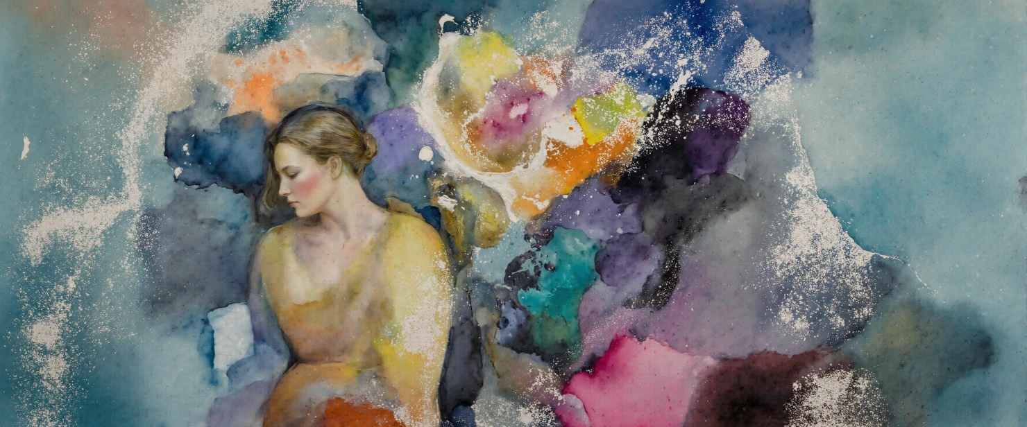 Vibrant Watercolor Figure Amidst Abstract Splashes #41323