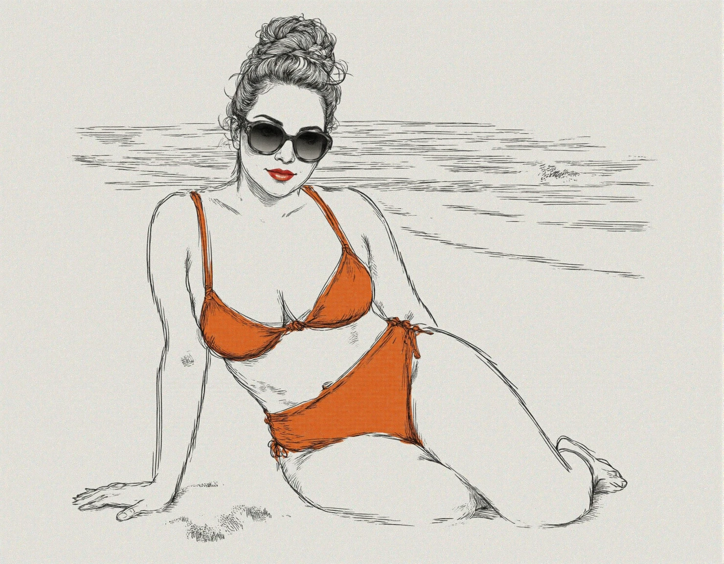 Hand-drawn Woman in Orange Bikini on the Beach #41335
