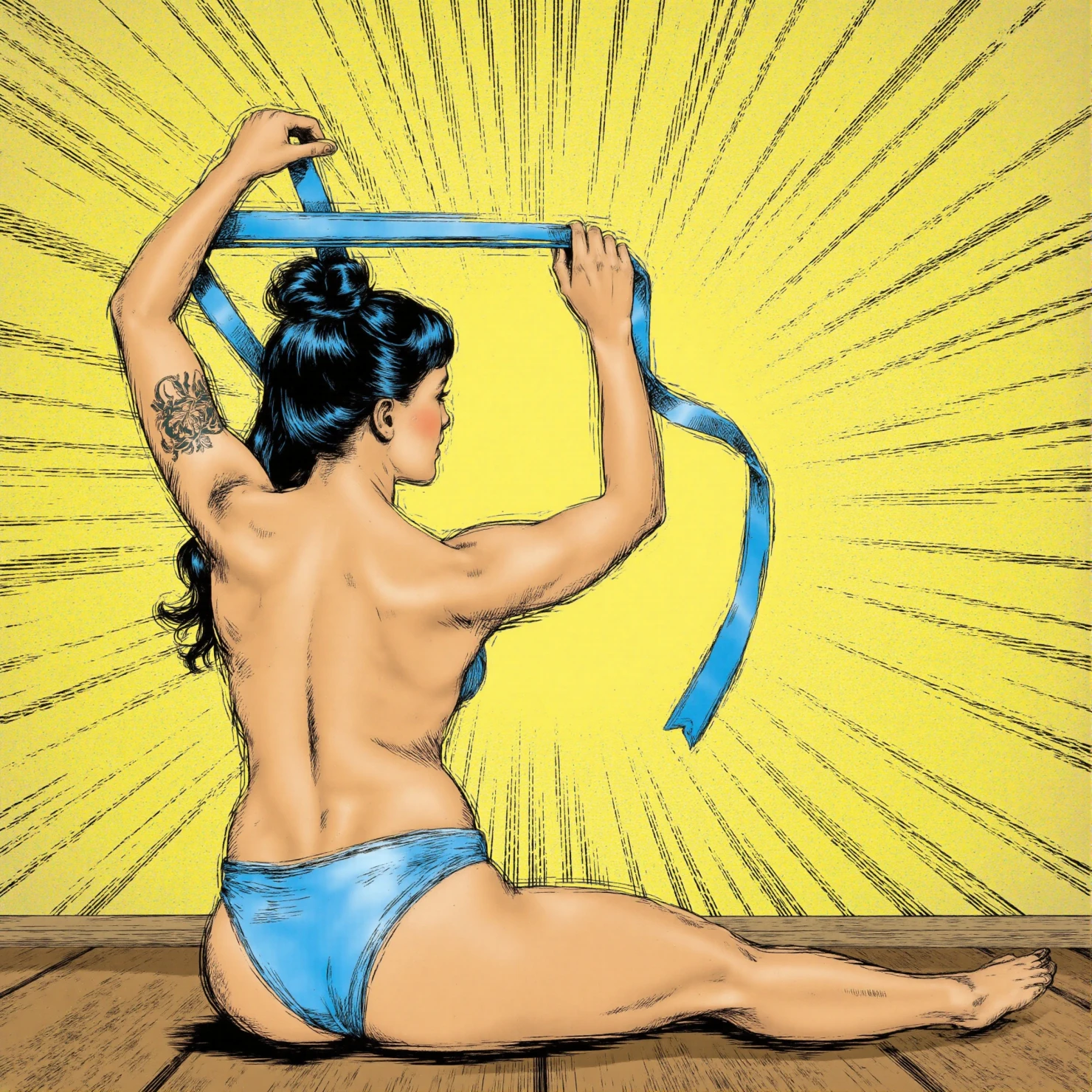 Strong Woman Stretching with Blue Ribbon in Comic Book Style #41337