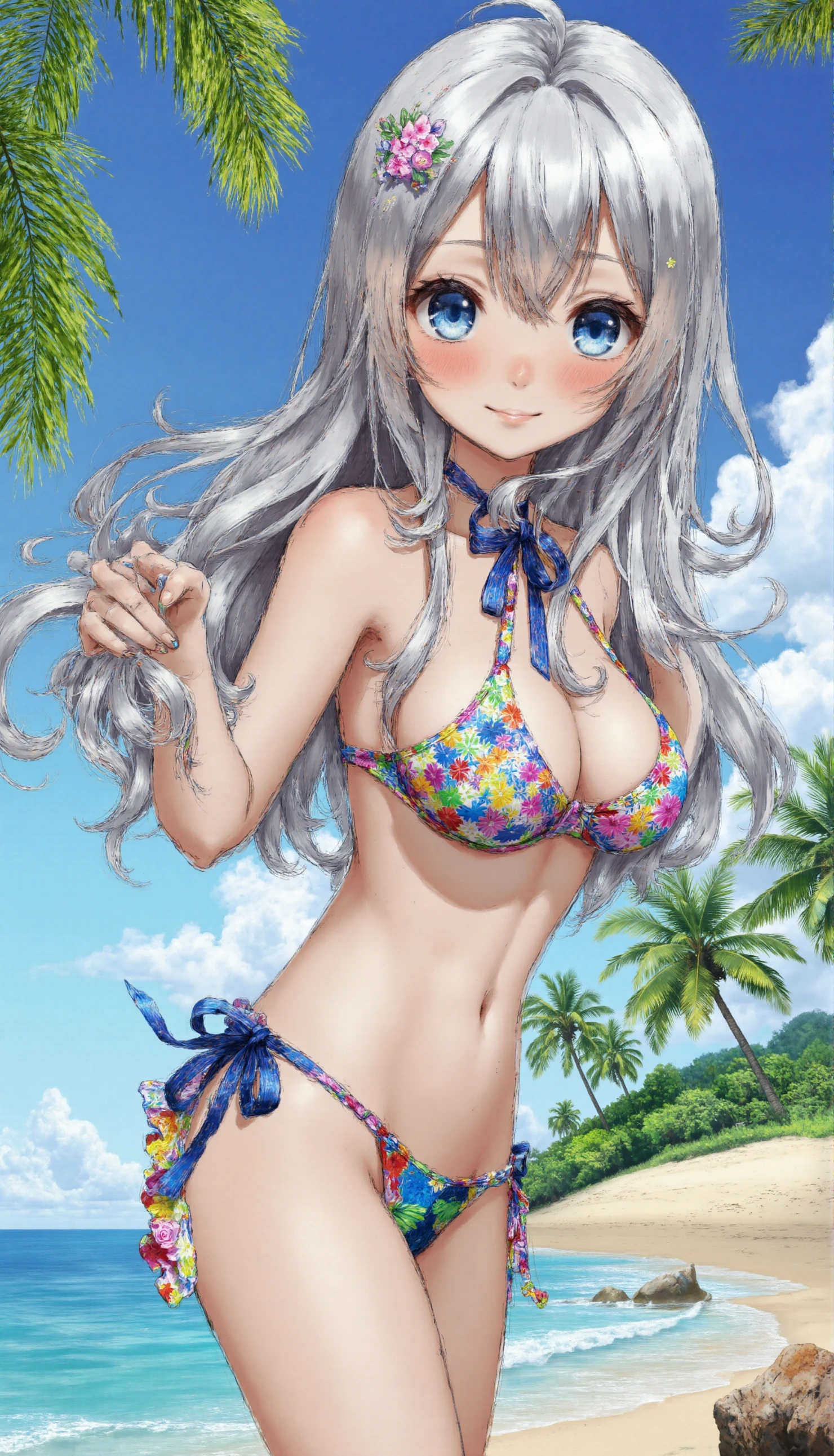 Smiling Anime Girl in Floral Bikini on a Tropical Beach #41342