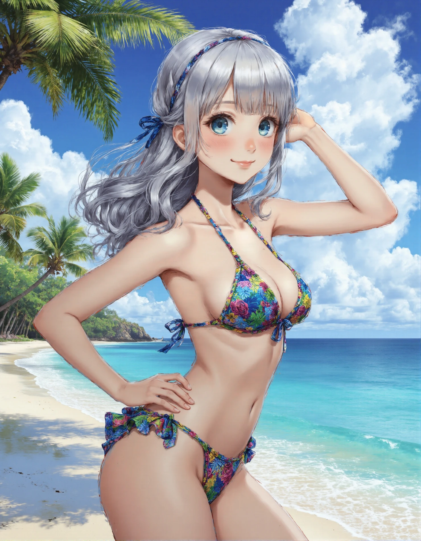 Smiling Anime Girl in Floral Bikini on a Tropical Beach #41343
