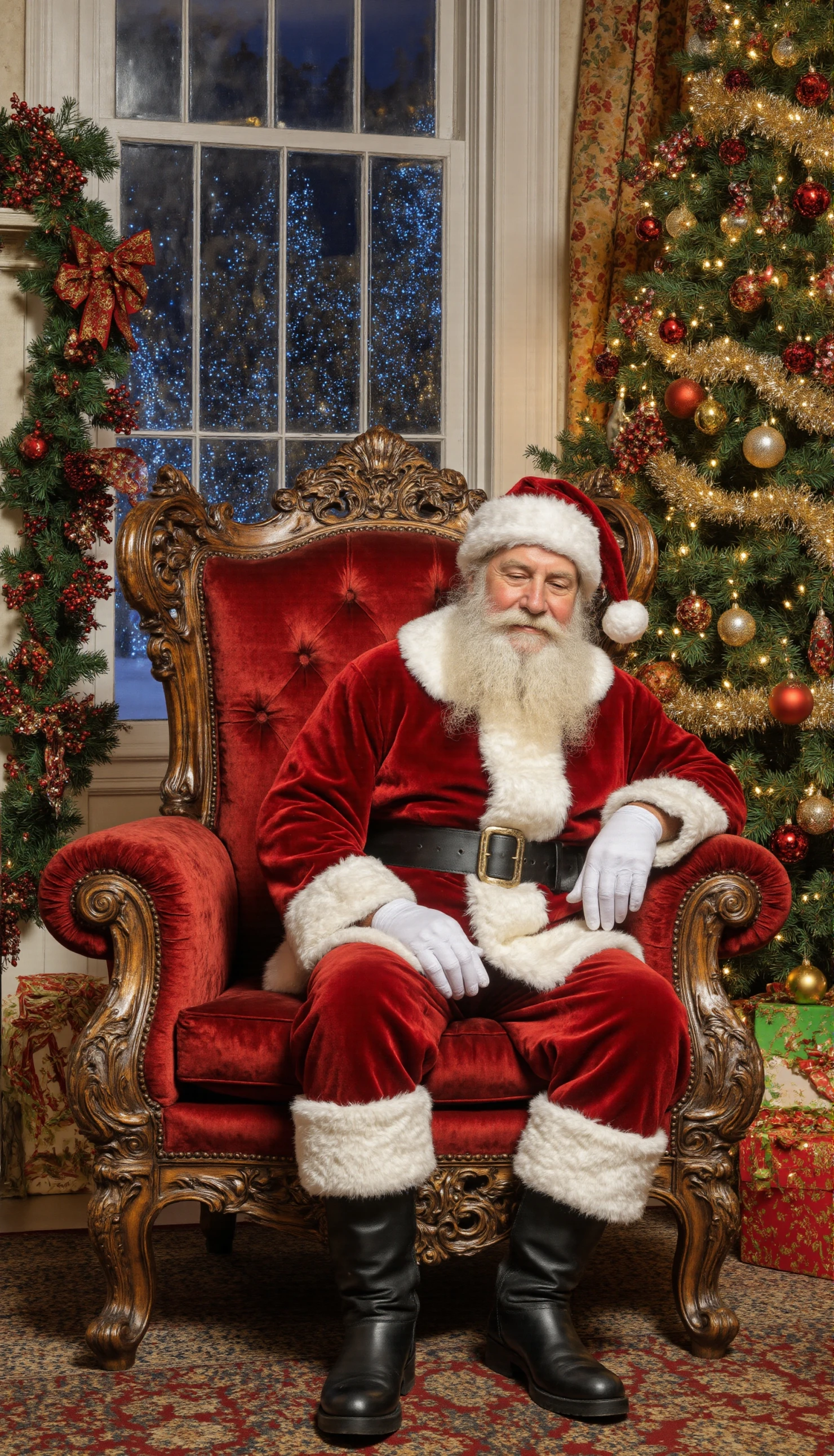 Jolly Santa Claus seated by a decorated Christmas tree with presents #41352