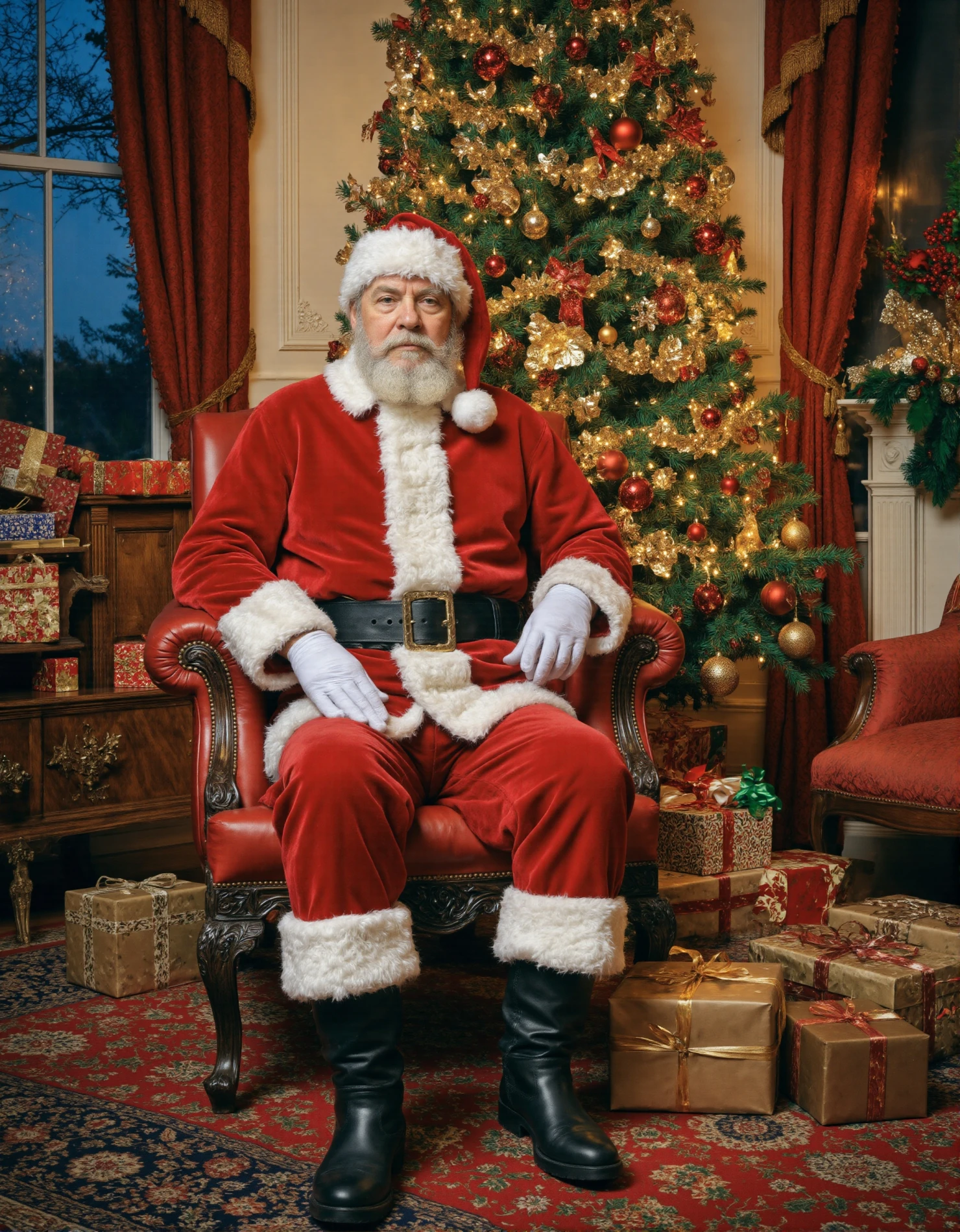 Jolly Santa Claus seated by a decorated Christmas tree with presents #41353