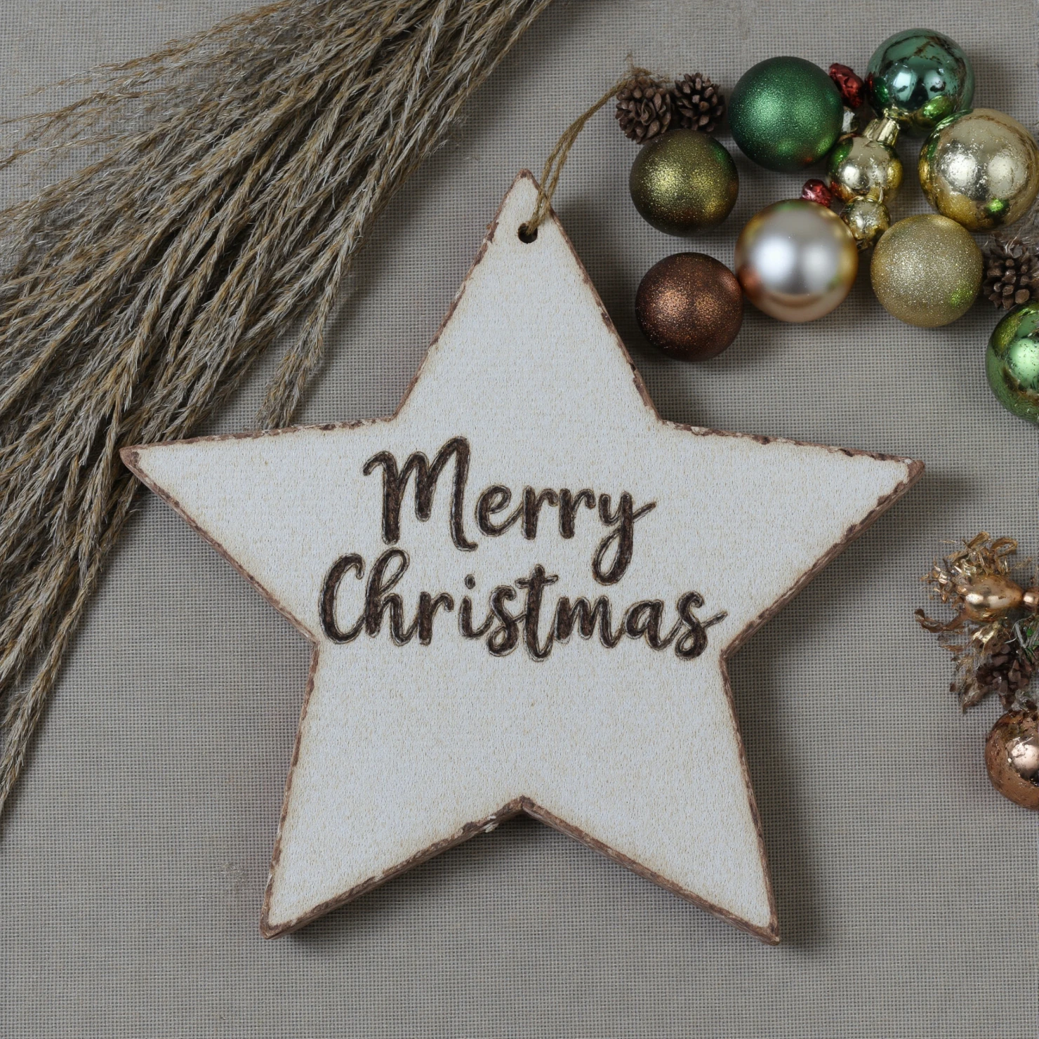 Rustic Merry Christmas Star Ornament with Holiday Decorations #41365