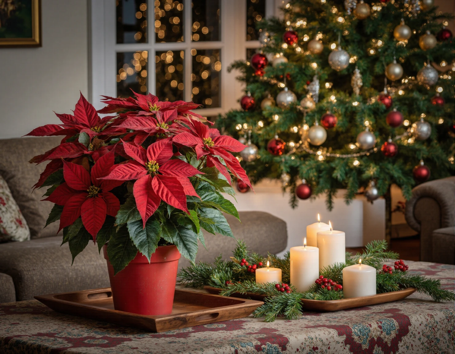 Cozy Christmas Living Room with Poinsettia and Tree #41367