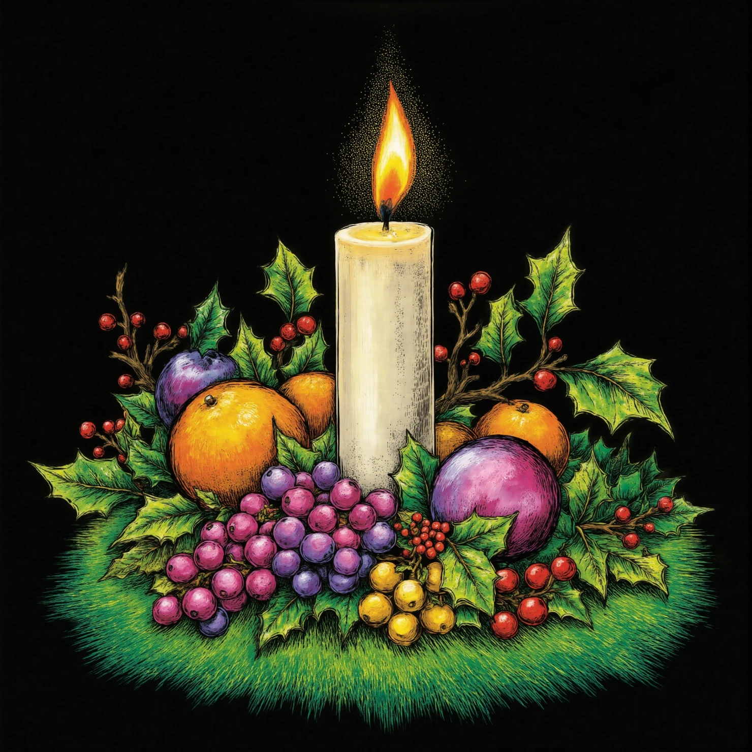 Festive Candle with Holly and Fruits #41370