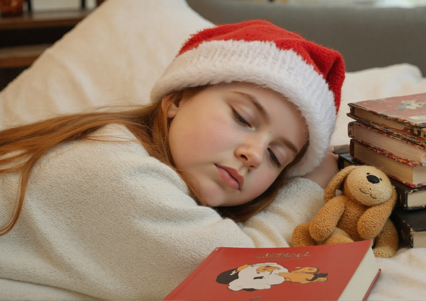 beautiful girl sleeping while wearing a festive Christmas hat #41374
