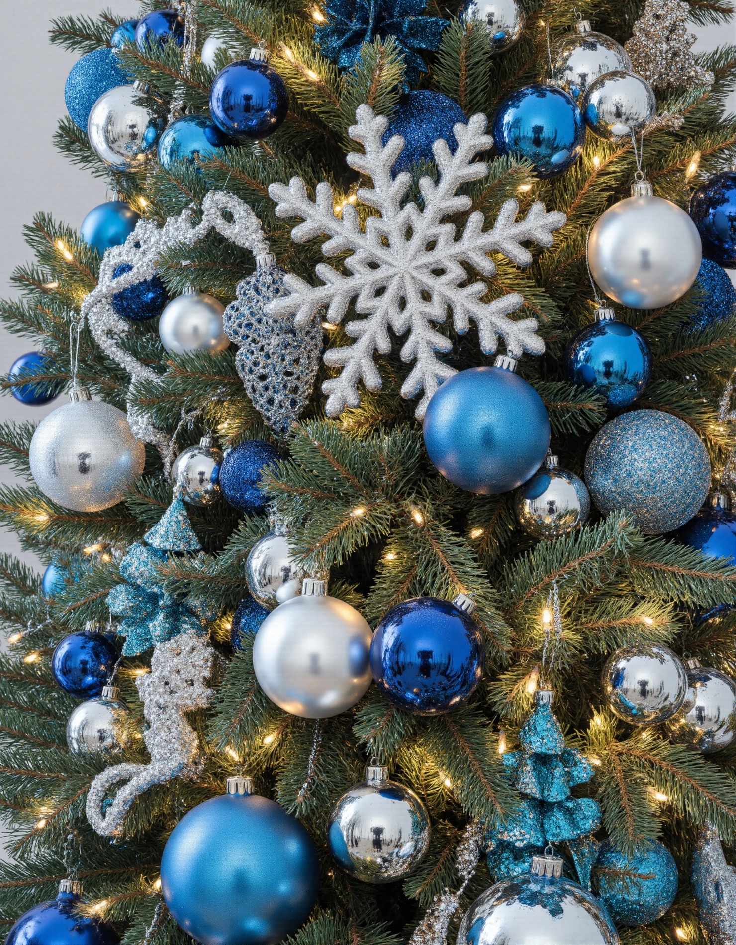 Festive Christmas Tree with Blue and Silver Ornaments #41377