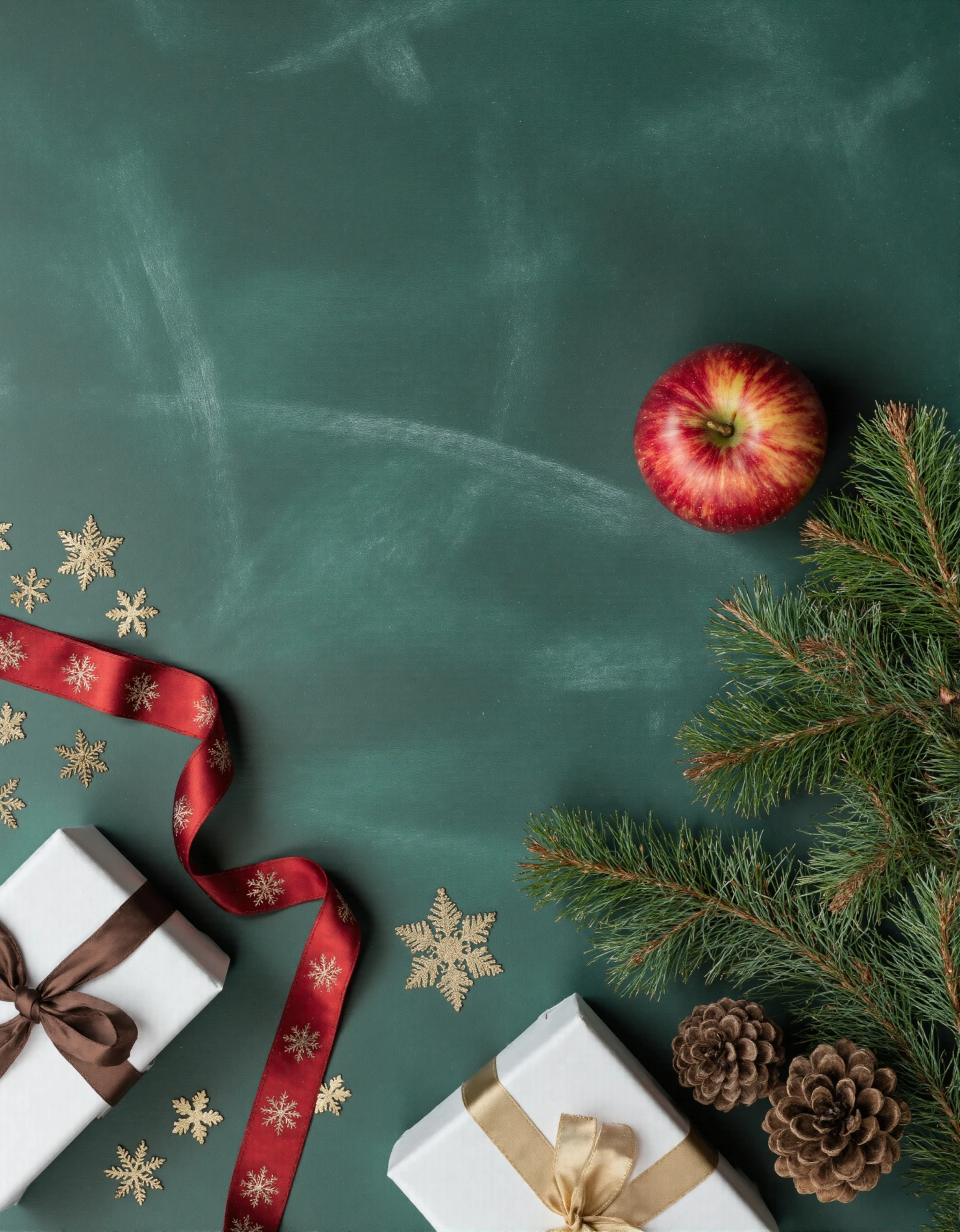 Festive Christmas Flat Lay with Gifts, Pine, and Apple #41382