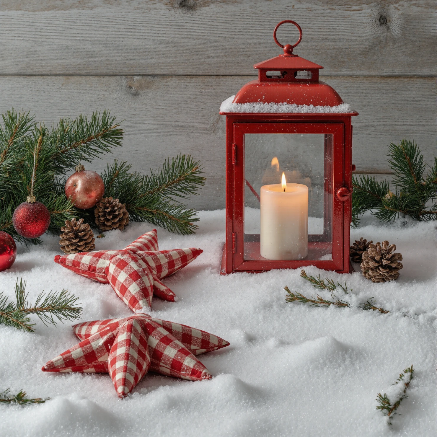 Festive Red Lantern and Christmas Decor on Snow #41385