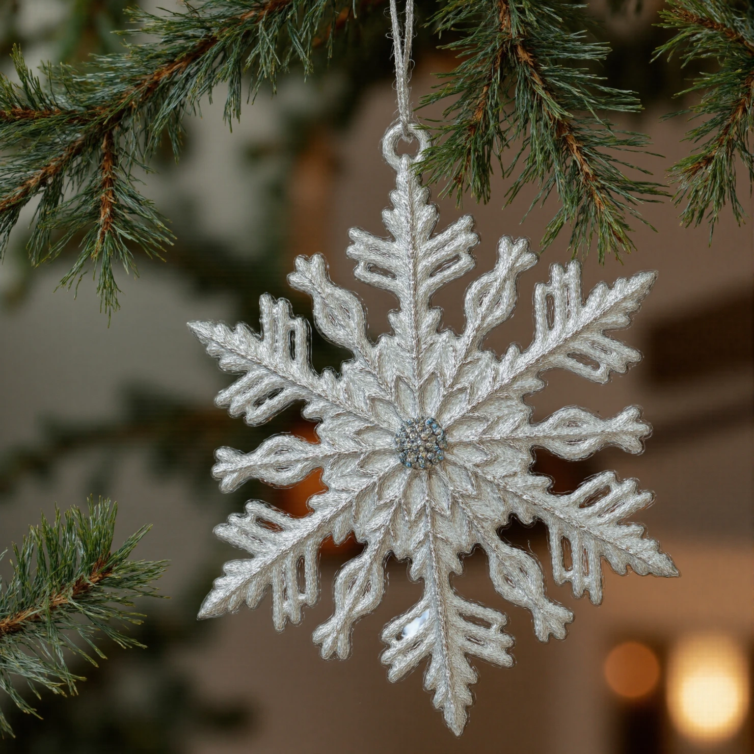 Glittering Snowflake Ornament on Pine Branch #41395