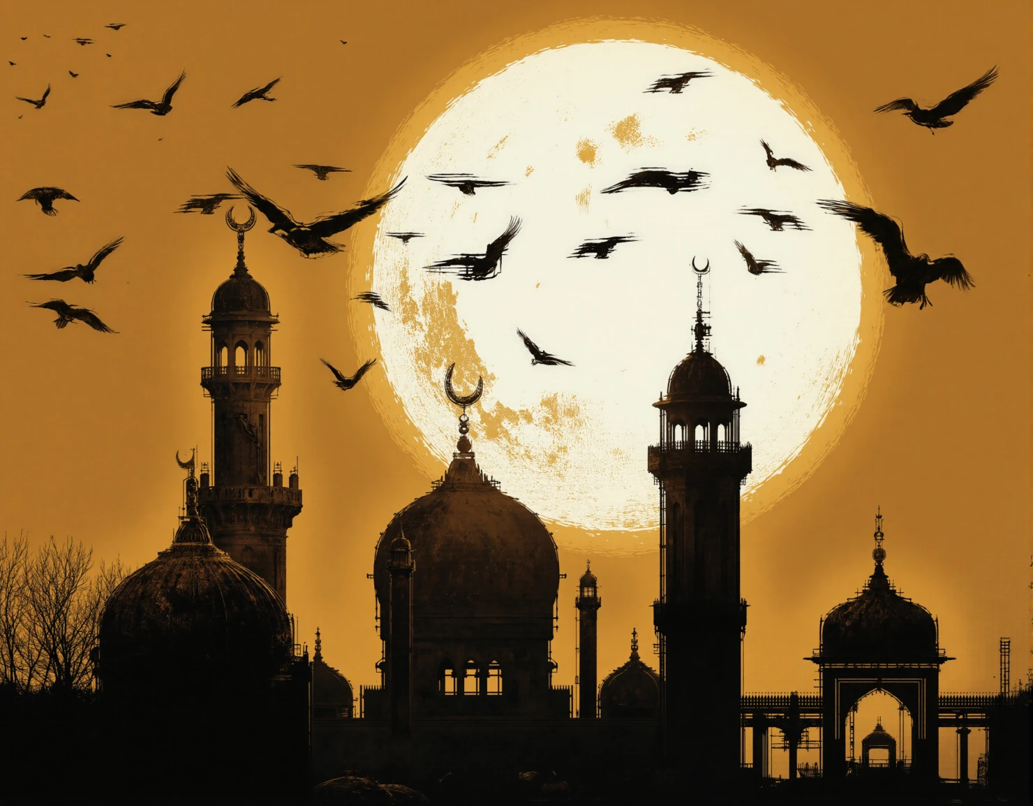 Ethereal Dusk: Mosque Silhouettes Under a Harvest Moon #41453