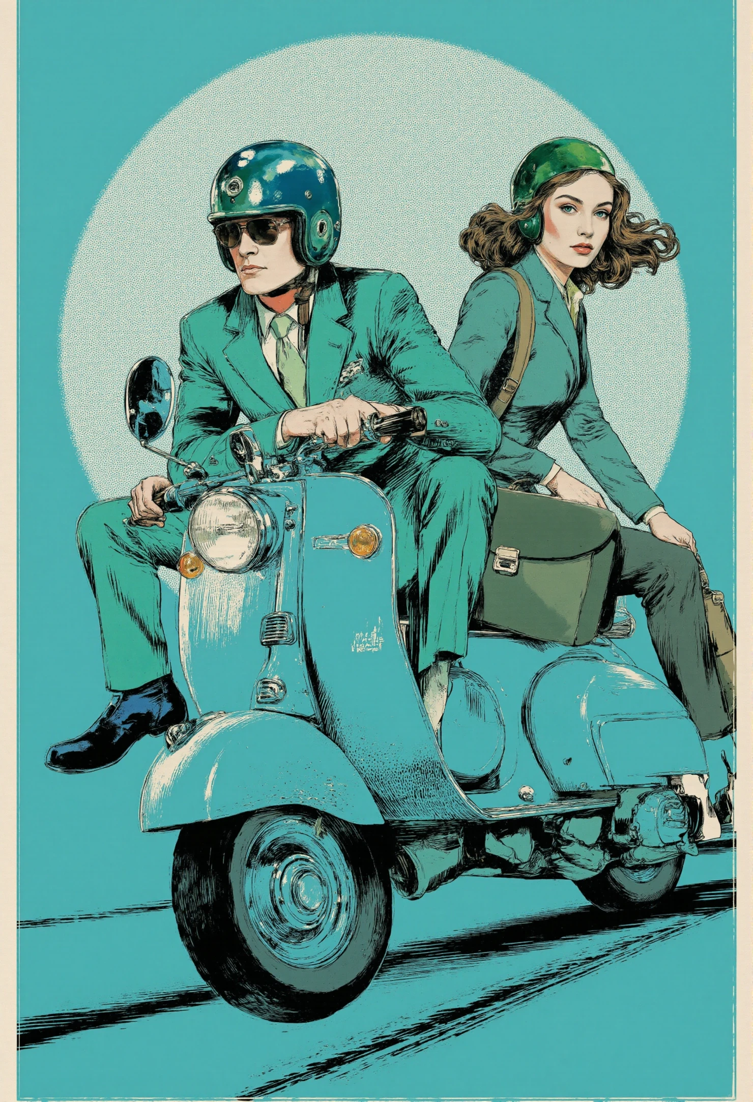 Vintage Style Illustration of a Couple on a Classic Scooter #41466