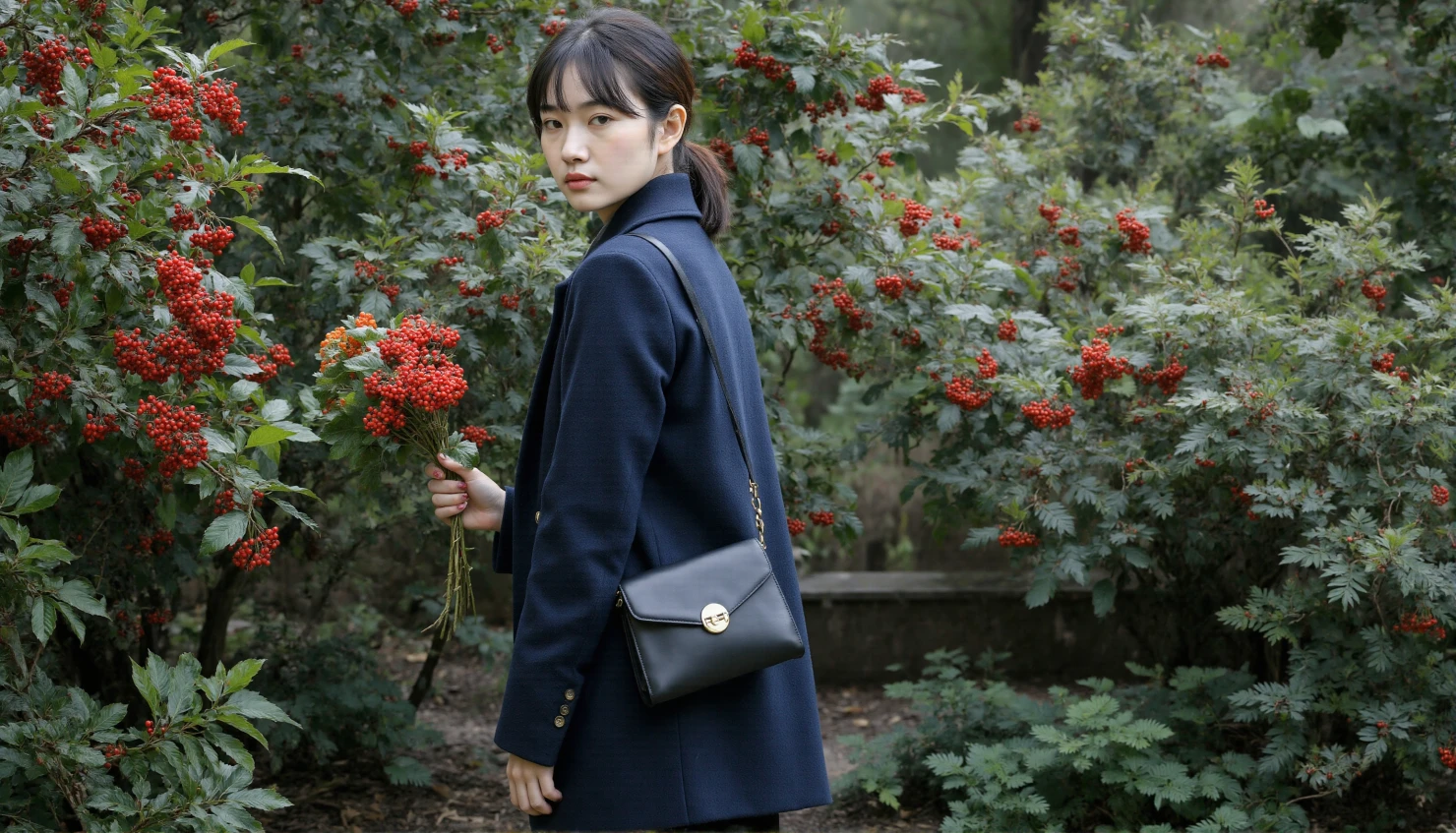 Young Woman with Red Berry Bouquet in a Lush Garden #41469