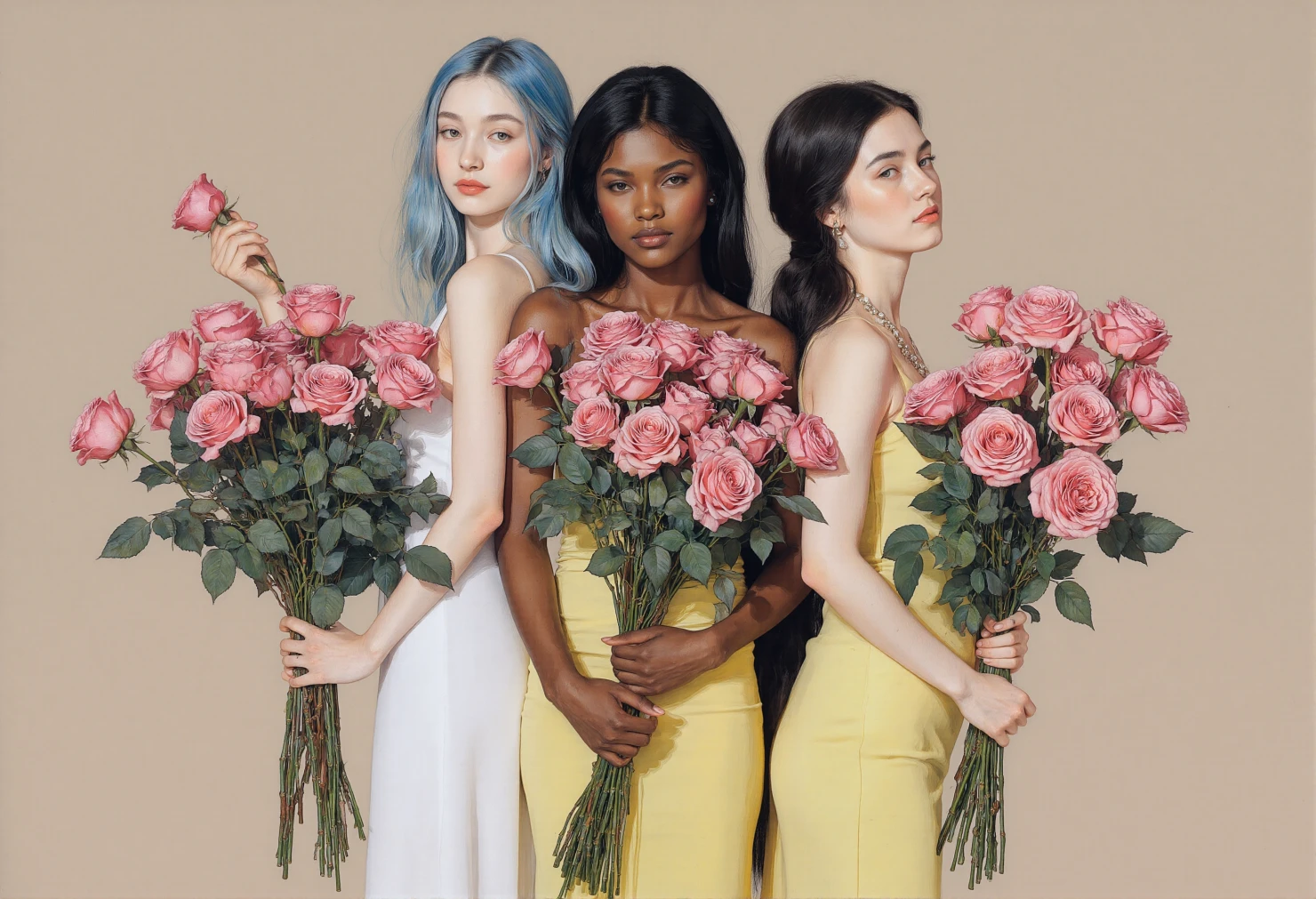 Three Young Women Holding Pink Roses #41470