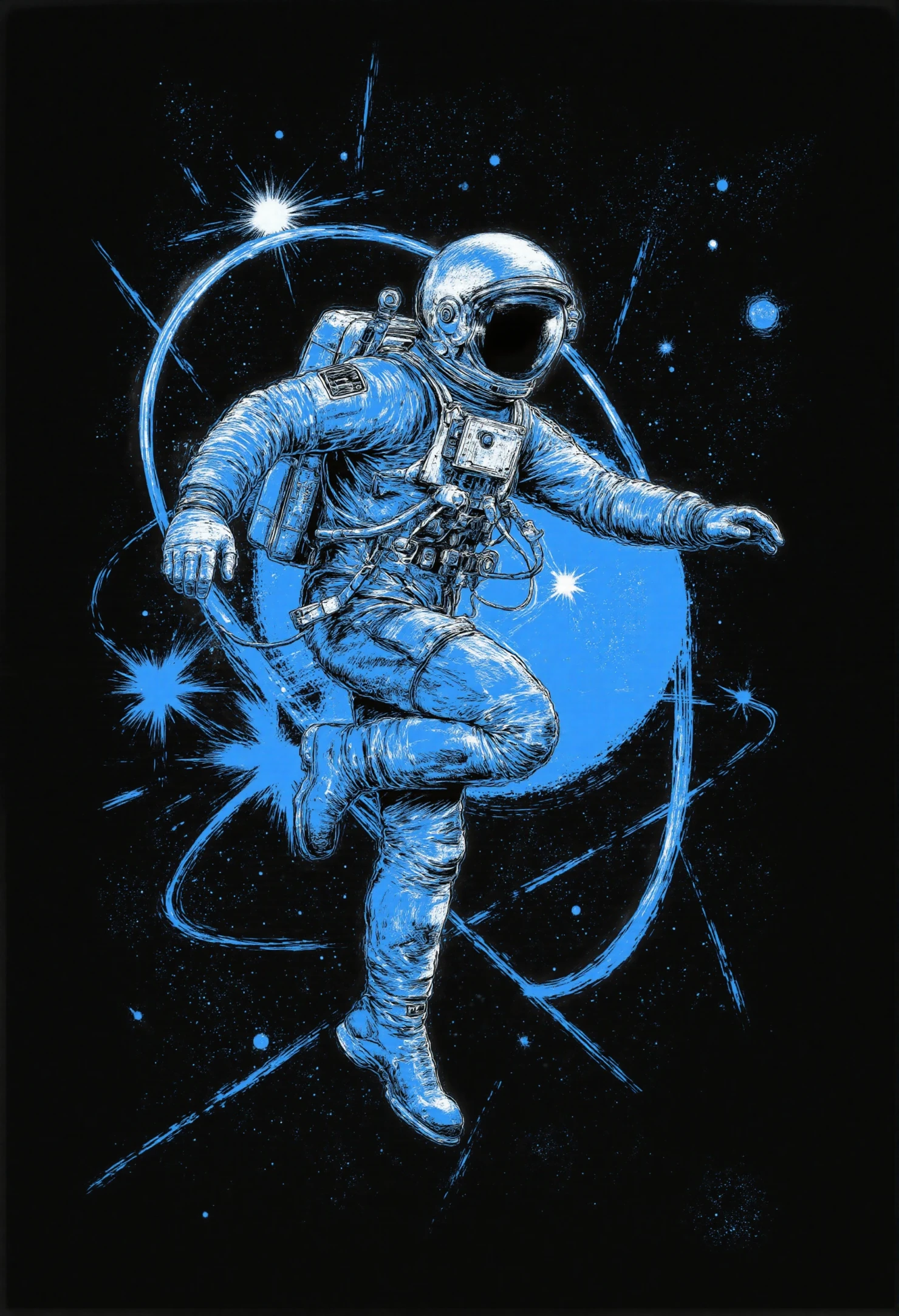 Intricate Blue Line Art of an Astronaut in Deep Space #41473