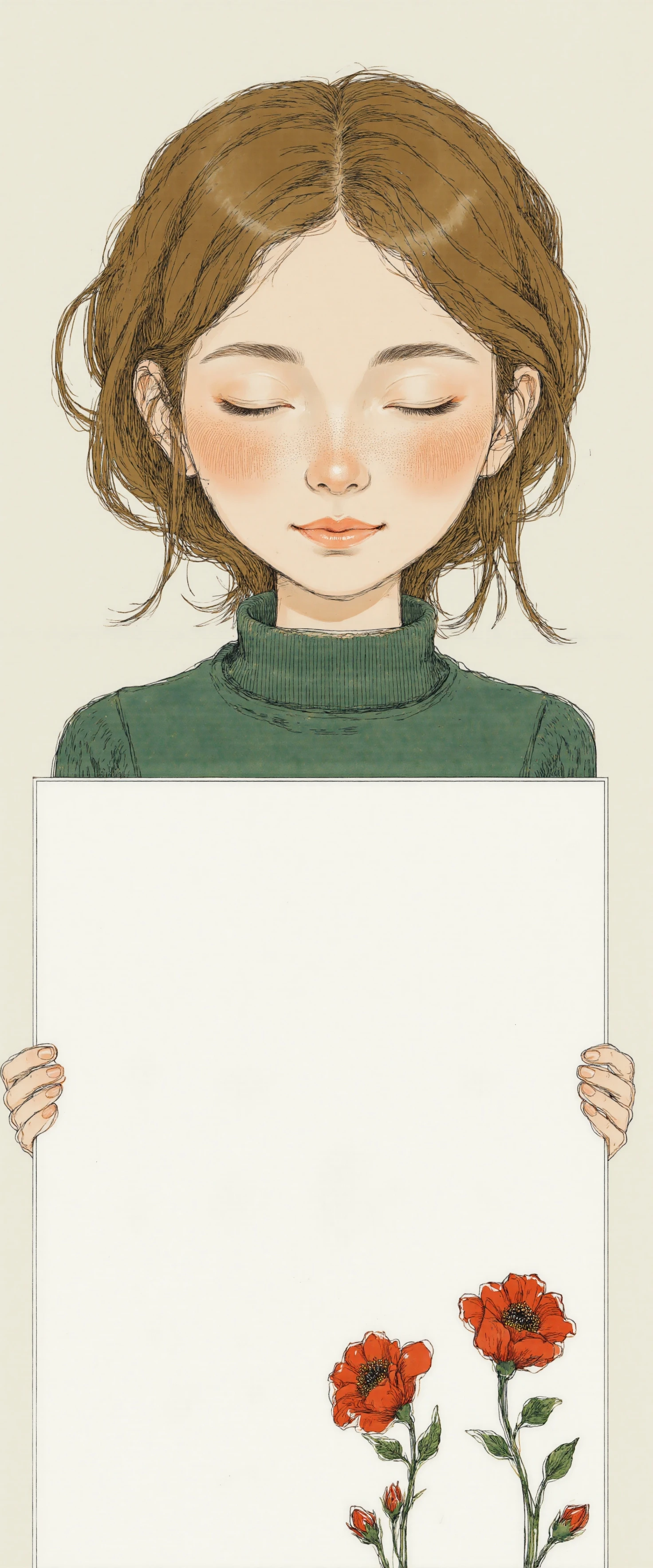 Young Woman Holding Blank White Sign with Red Flowers #41476