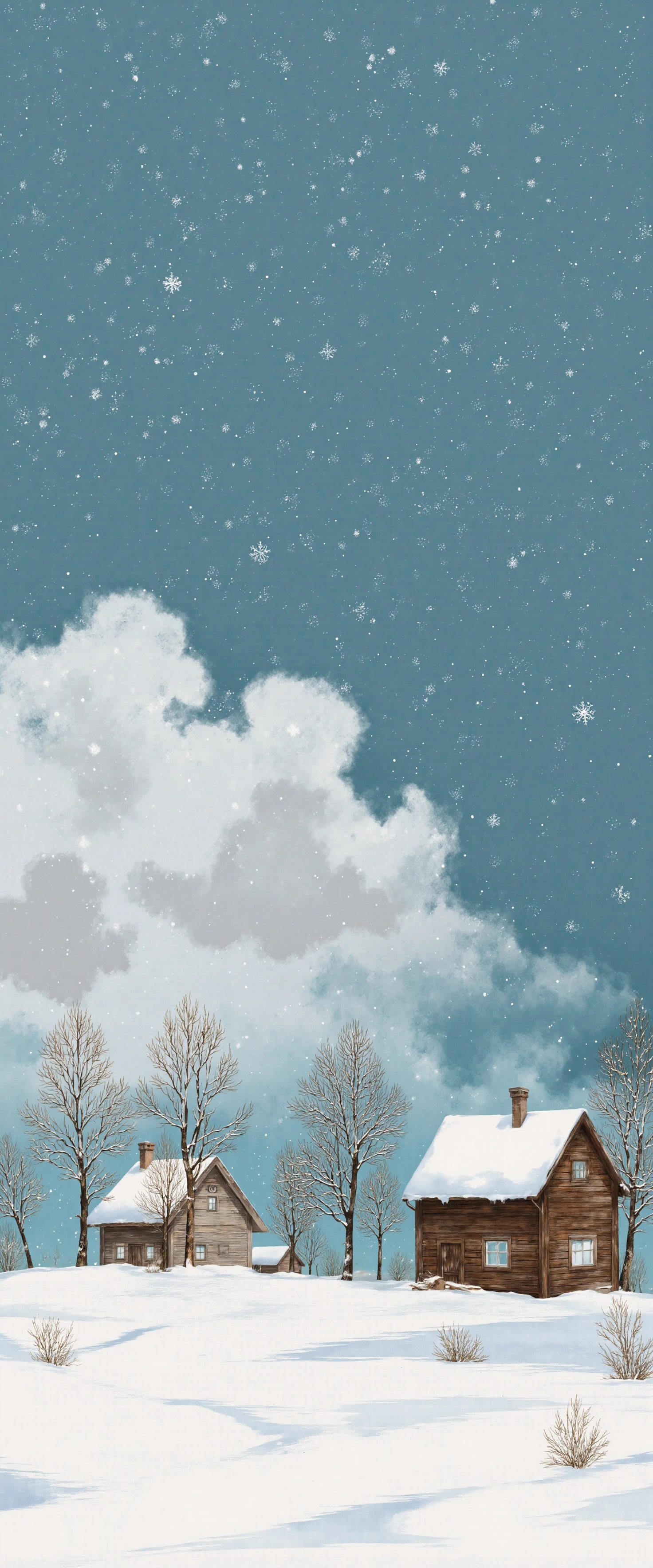 Cozy Winter Village Illustration under a Starry Snowfall #41478