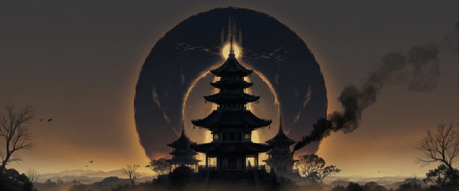 Majestic Pagoda Silhouette Against a Cosmic Eclipse #41479