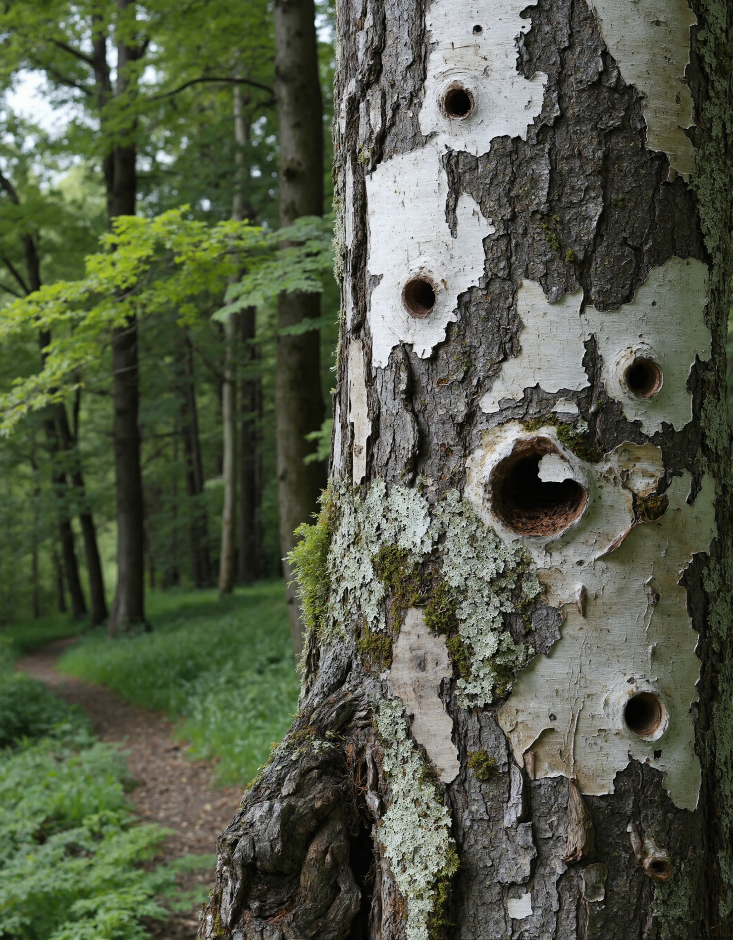 Close-up of a Textured Tree Trunk with Woodpecker Holes #41480