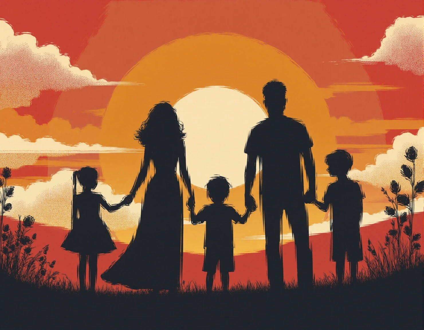 Family Silhouettes at Sunset A Moment of Togetherness #41484