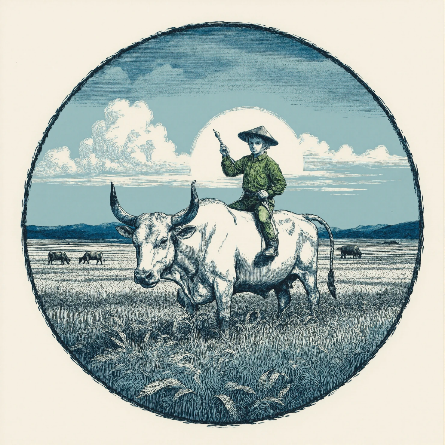 Young Herder on a Water Buffalo in a Grassy Field #41486